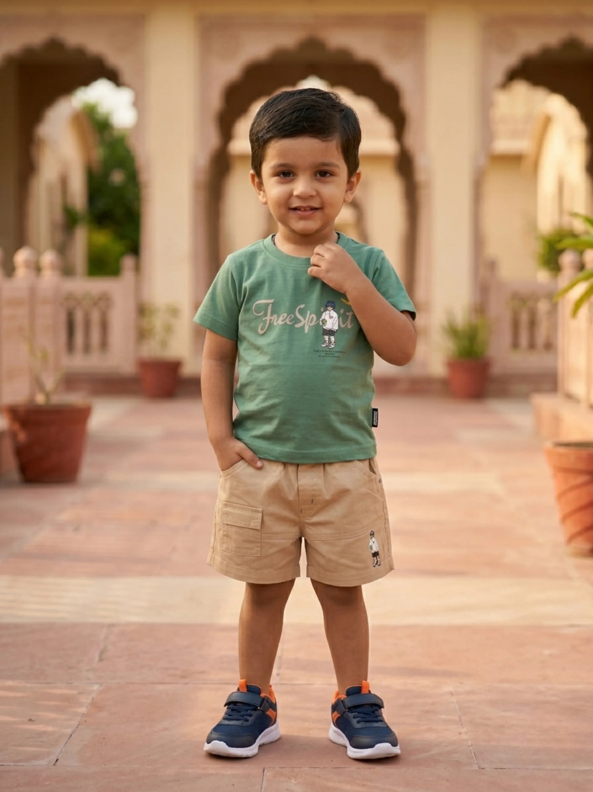 Boys Green Free Spirit Cotton T-Shirt and Cargo Shorts Set