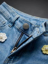 Girls Blue Floral Applique Denim Shorts
