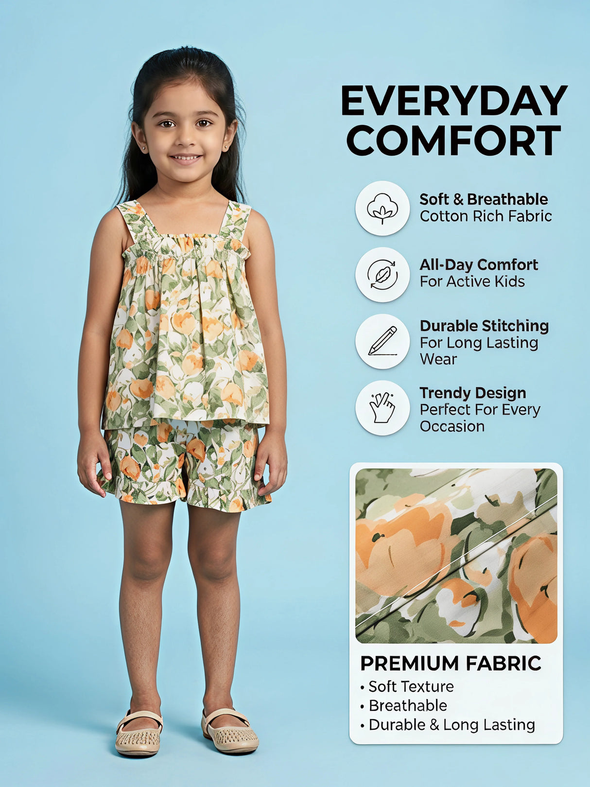 Girls Green Floral Summer Short Set