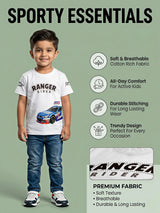 Boys White Ranger Rider Racing Car Graphic T-Shirt.