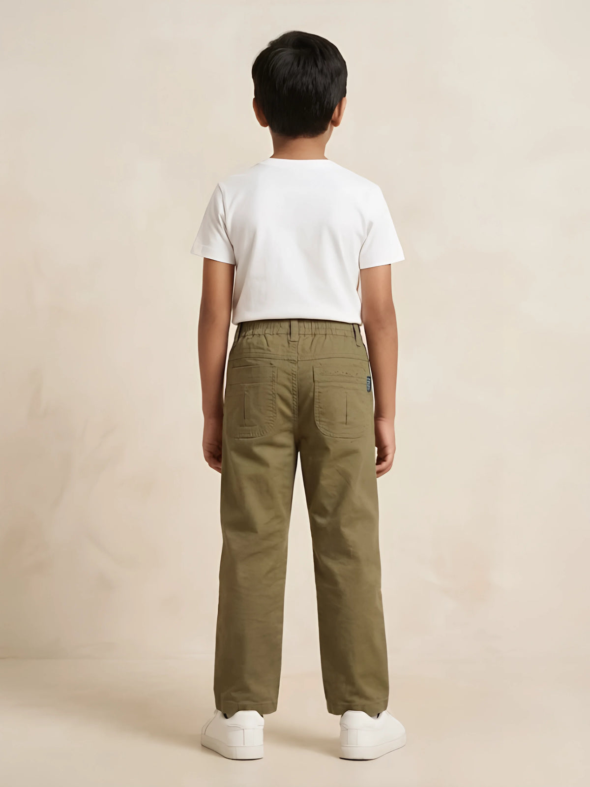 Boys Olive Green Casual Pants with Drawstring Detail