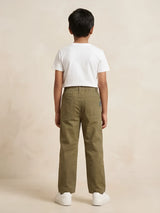 Boys Olive Green Casual Pants with Drawstring Detail