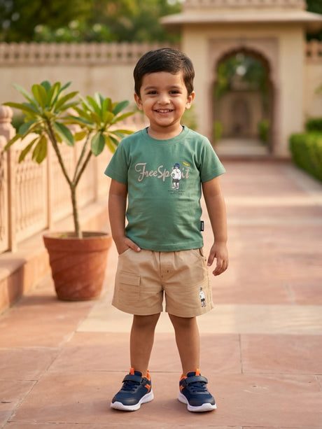 Boys Green Free Spirit Cotton T-Shirt and Cargo Shorts Set