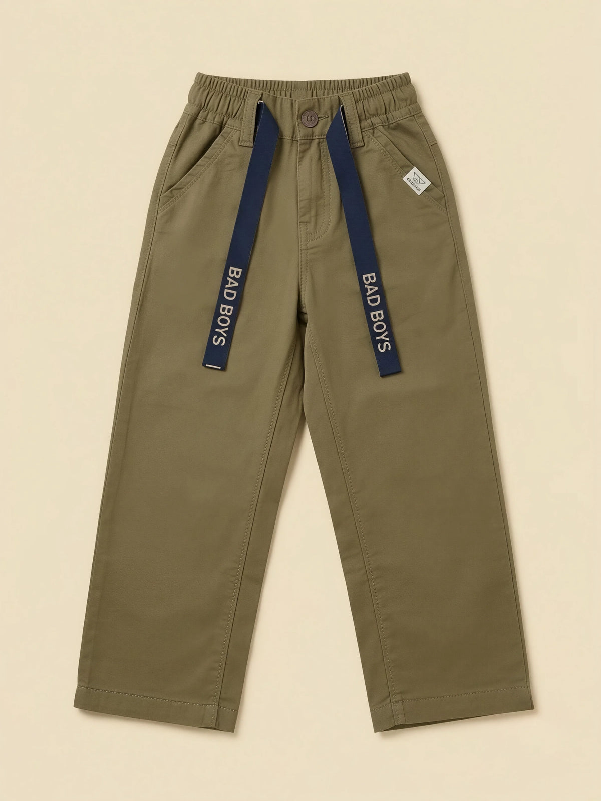 Boys Olive Green Casual Pants with Drawstring Detail