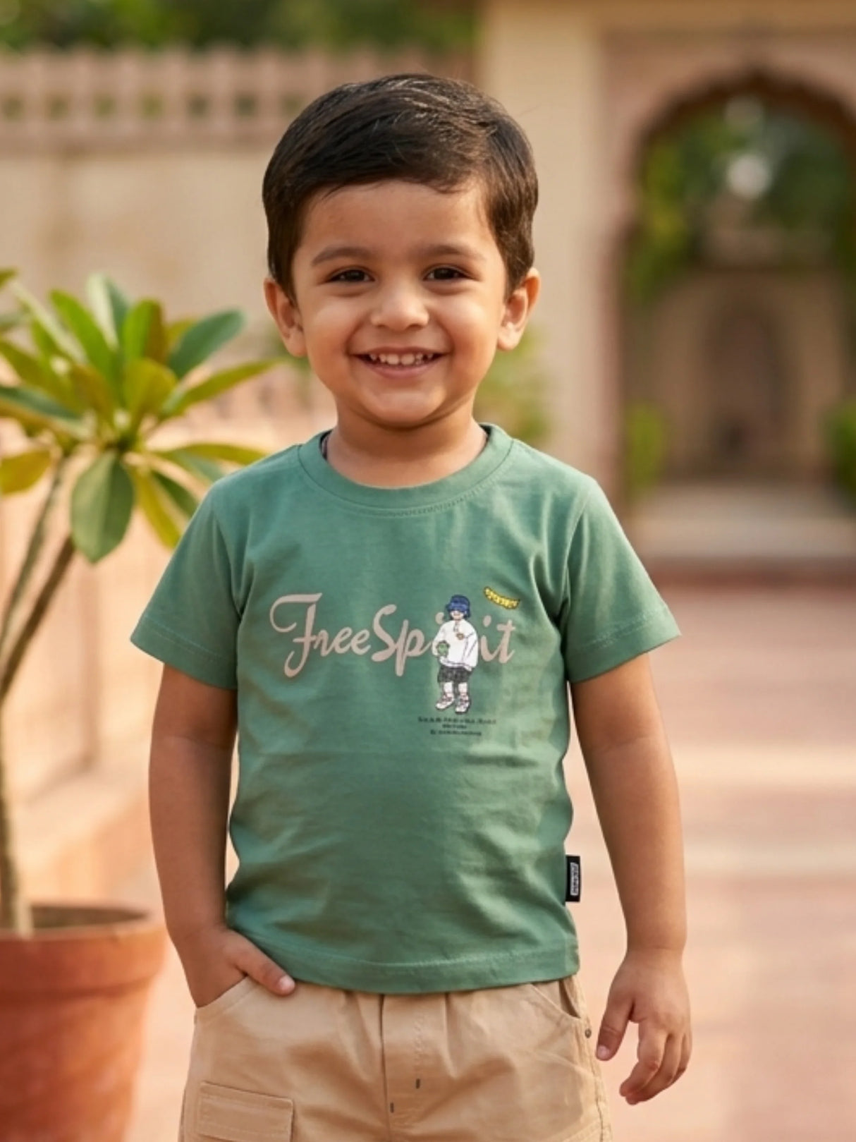 Boys Green Free Spirit Cotton T-Shirt and Cargo Shorts Set