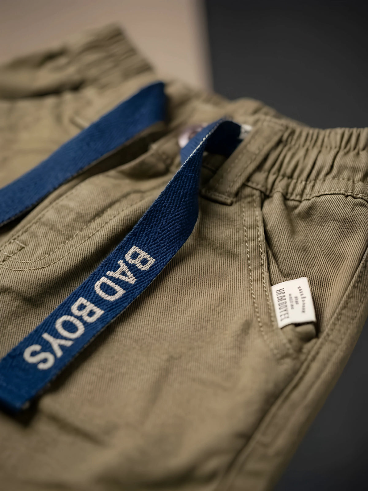 Boys Olive Green Casual Pants with Drawstring Detail