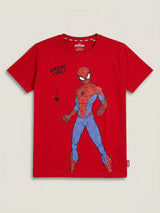 Boys Red Marvel Spider-Man Printed Cotton T-Shirt.