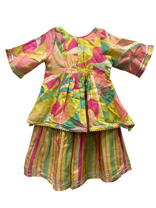 Girls Colorful Embroidered Kurti with Striped Palazzo - Yellow  Ethnic Set