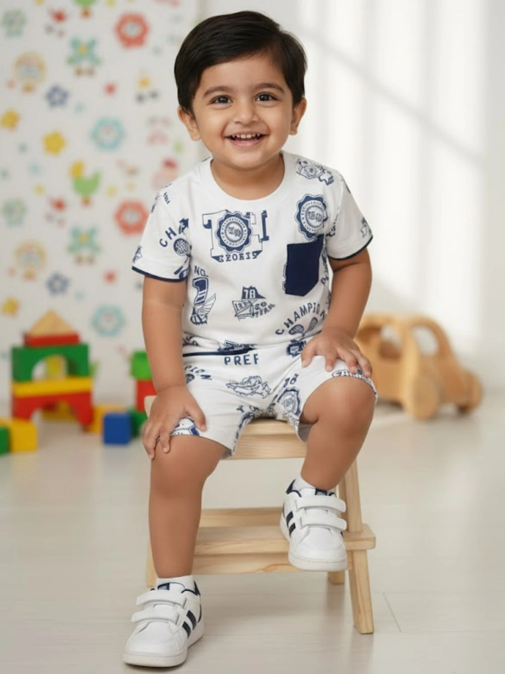 Little Gentleman Bear Embroidery Coordinate Set - Cream