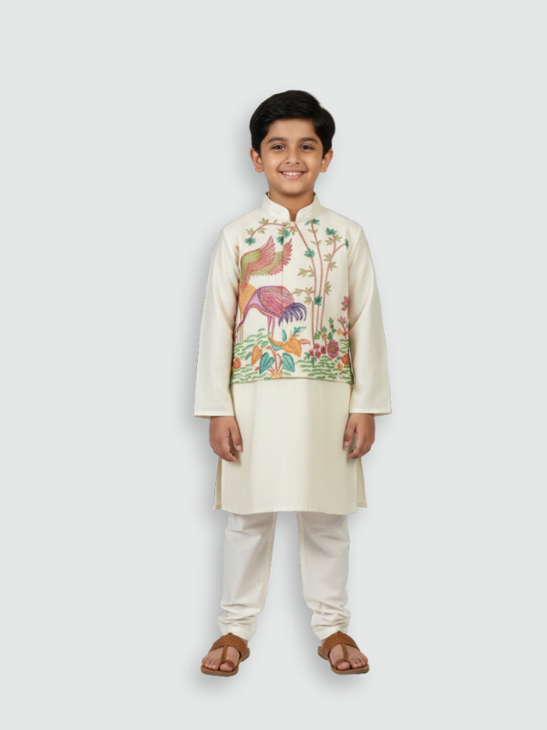 A young boy standing and smiling, wearing a cream/off-white long-sleeved kurta and pajama set with beautiful, detailed multi-color bird and floral embroidery across the chest.
