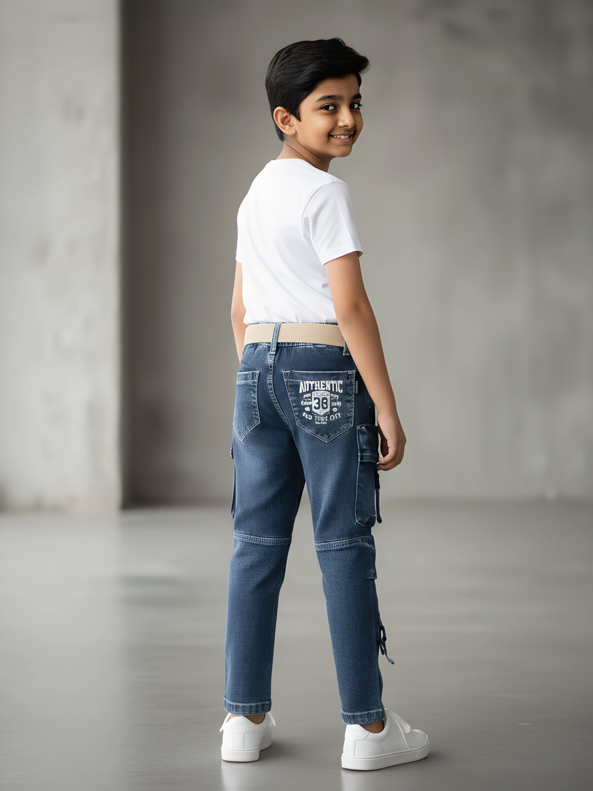 Boys Rugged Blue Multi-Pocket Cargo Jeans
