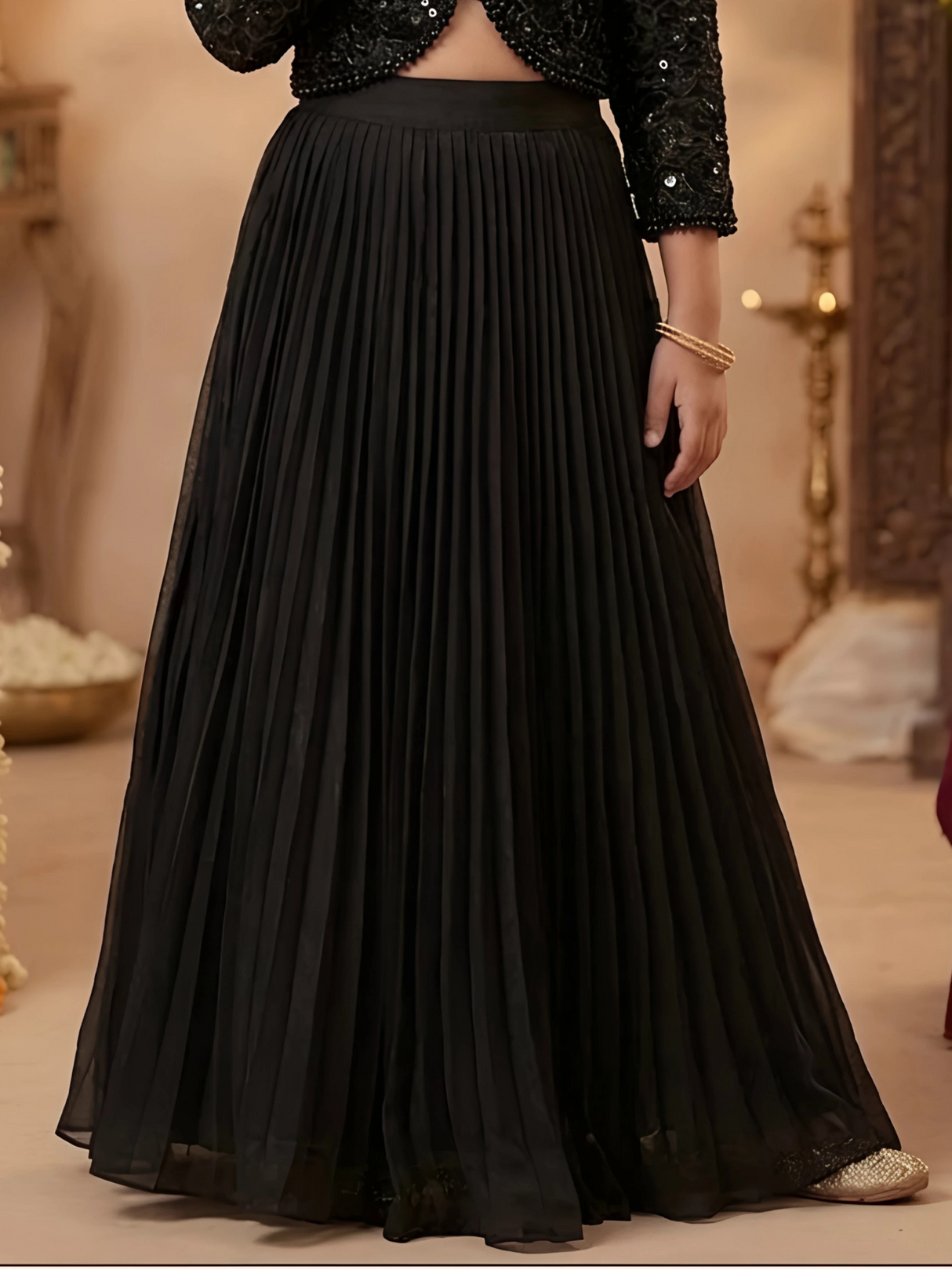 Girls Black Embroidered Jacket Style Choli Set with Pleated Lehenga