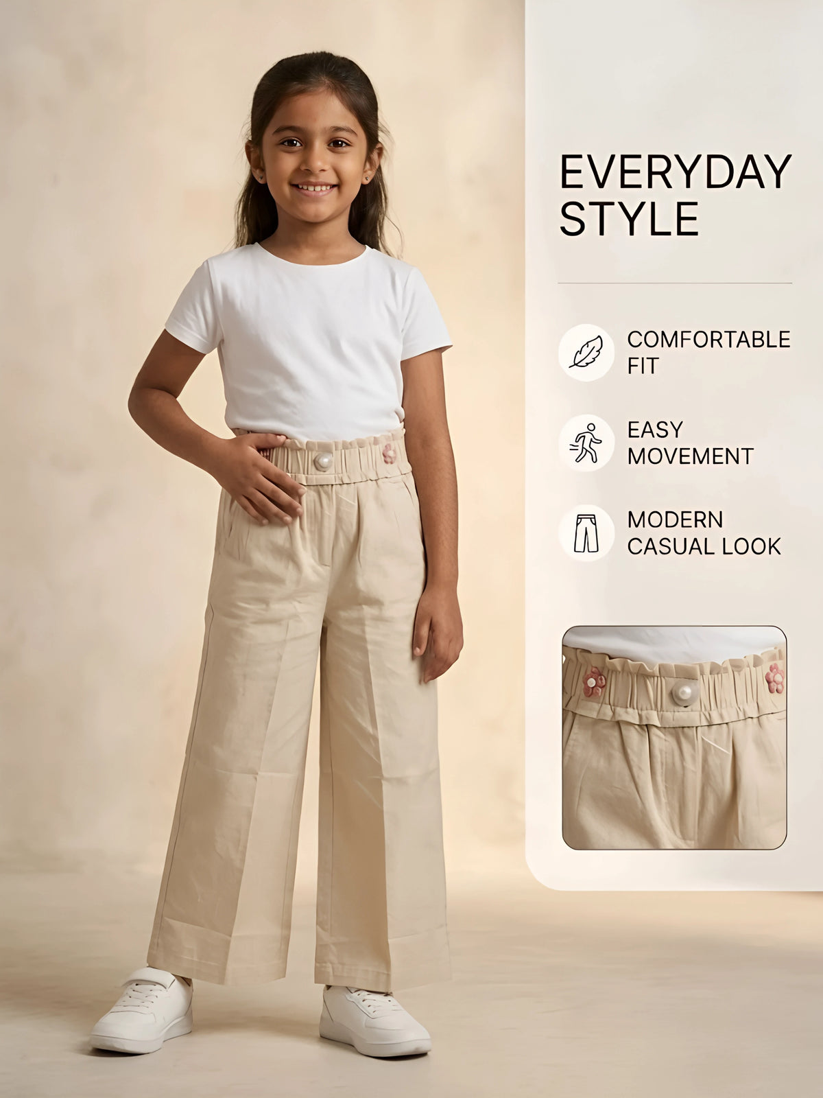 Girls Cream Paperbag Waist Casual Trousers