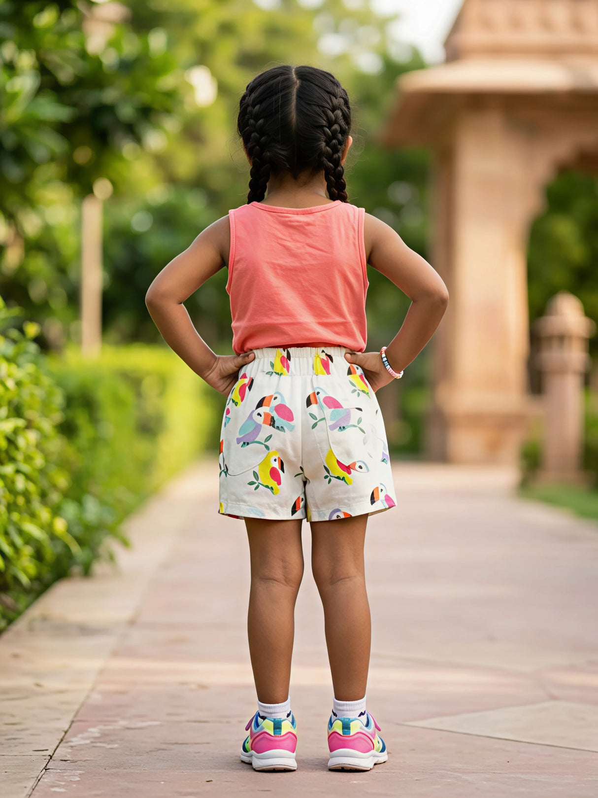 Girls Pink Toucan Print Cotton Shorts with Paperbag Waist