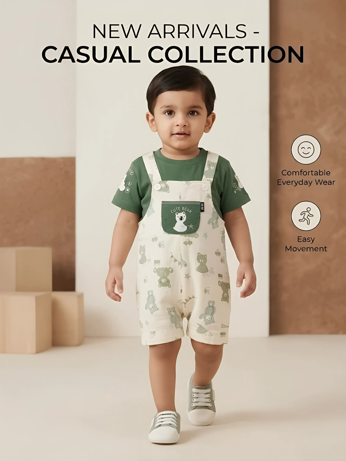 Infant Boys Green Teddy Print Dungaree Set.