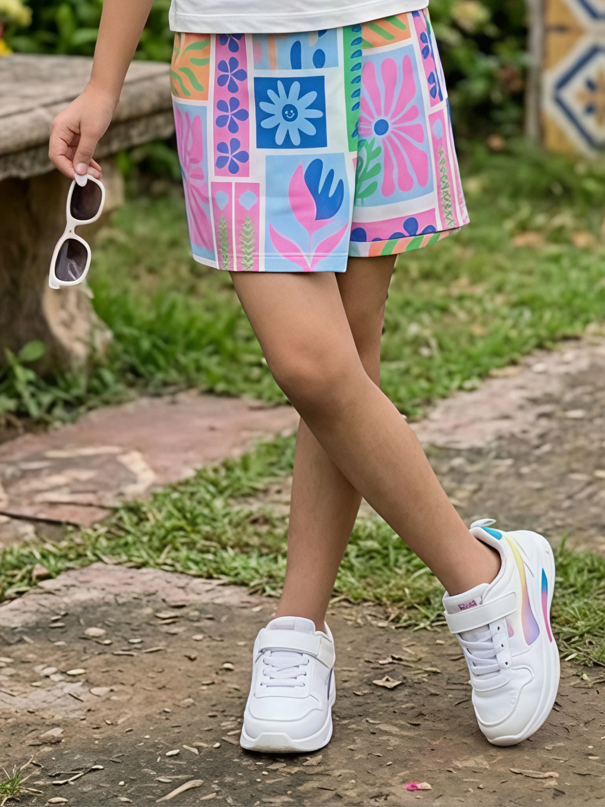 Girls Bloom With Grace Blue Graphic Top and Printed Skirt Set
