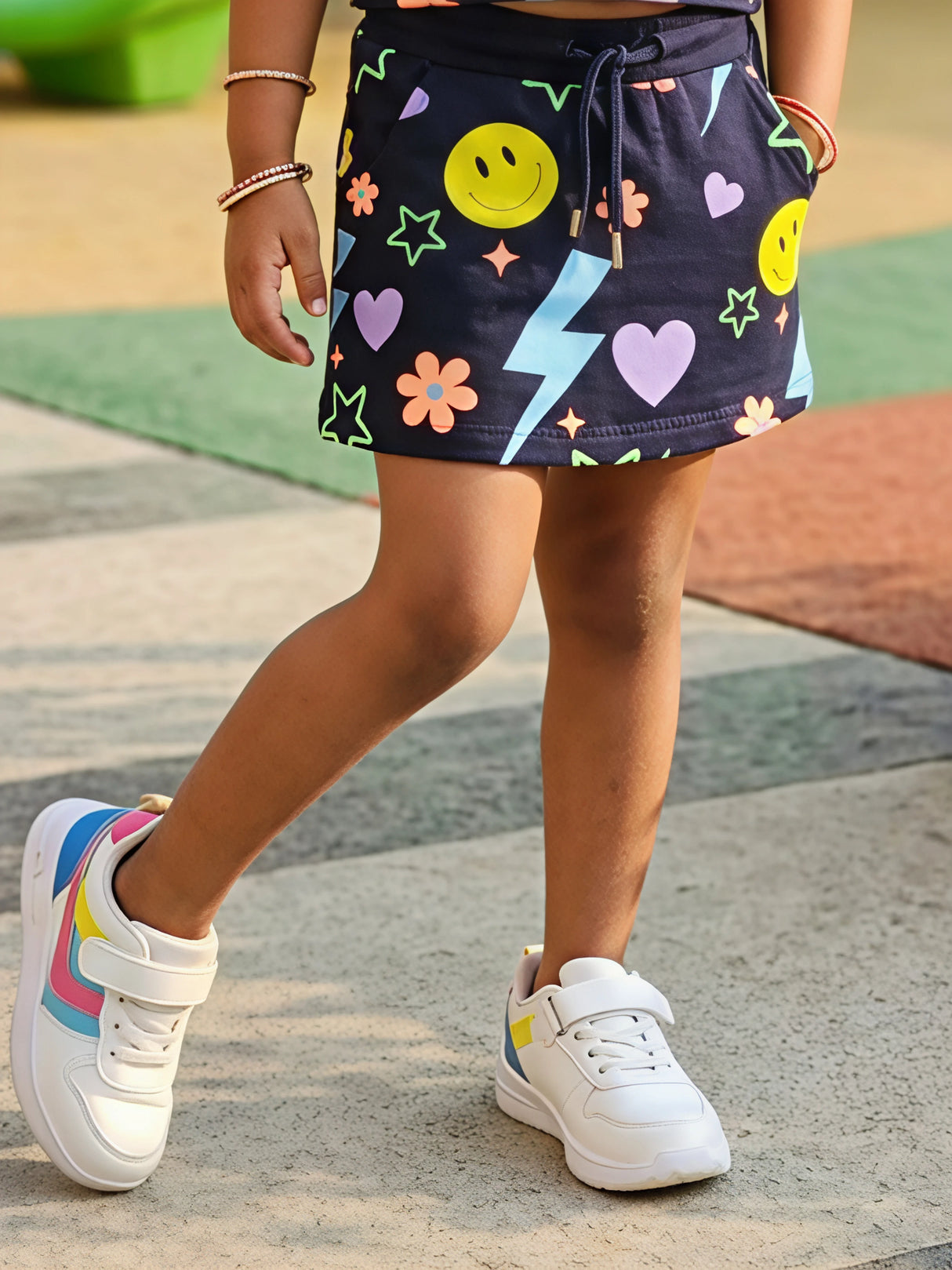Girls Navy Blue Graphic Print T-Shirt and Skirt Co-ord Set