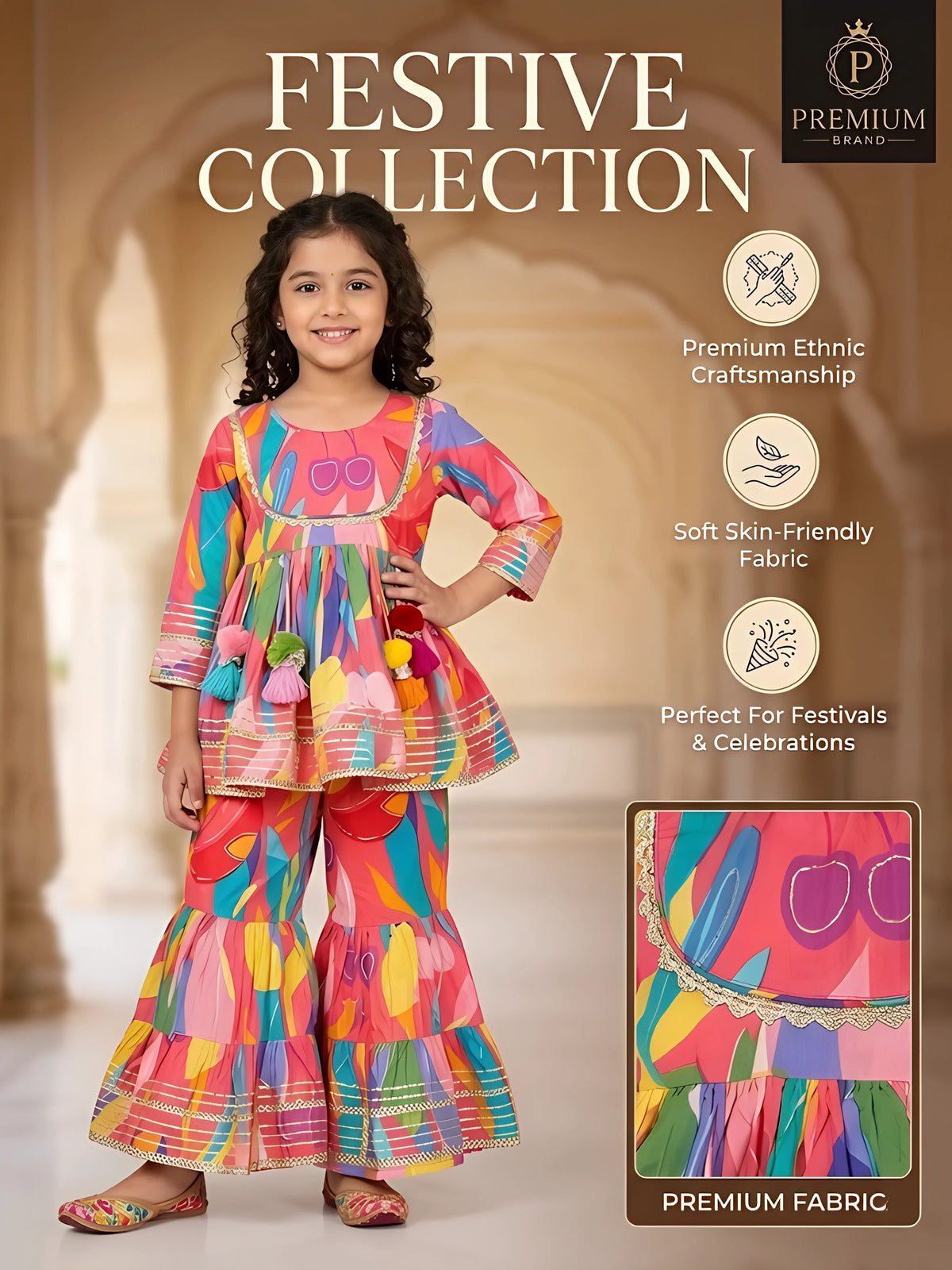 Girls Peach Printed Ethnic Sharara Set with Tassels.