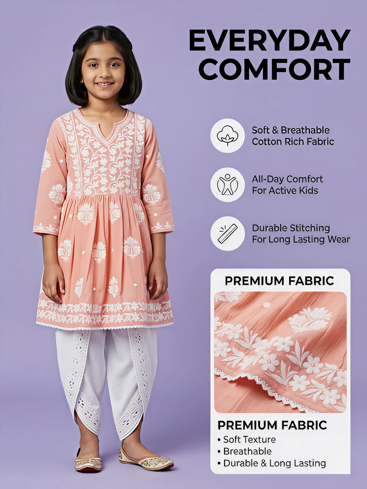 Girls Peach Chikankari Embroidered Frock Kurta with Dhoti Pants Set
