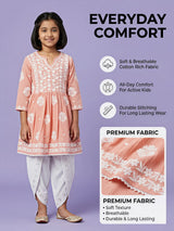 Girls Peach Chikankari Embroidered Frock Kurta with Dhoti Pants Set