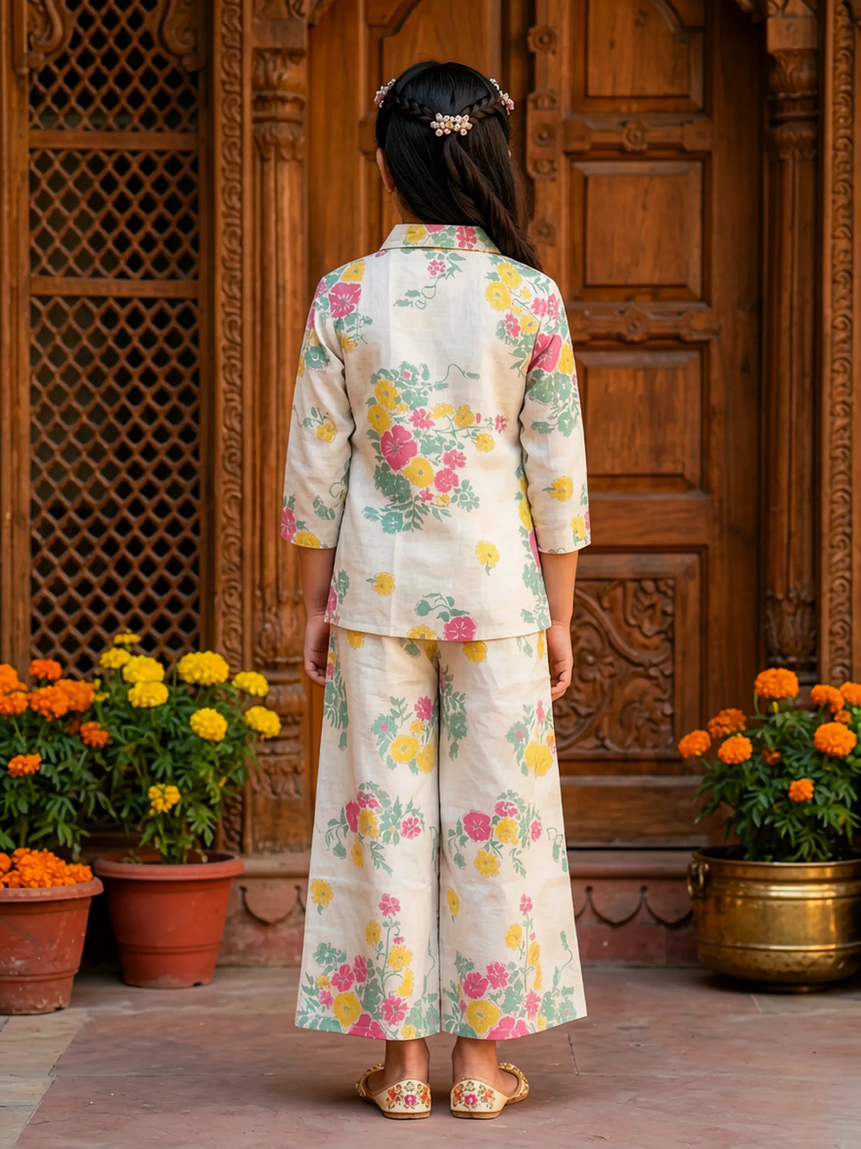 Girls Floral Print Cotton Palazzo Set in Mint Green