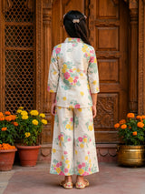 Girls Floral Print Cotton Palazzo Set in Mint Green