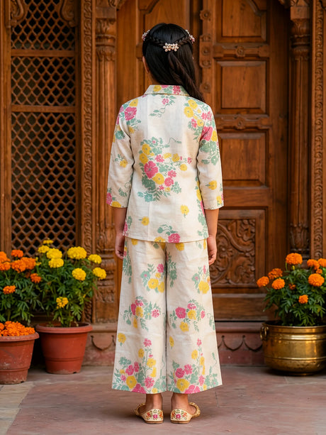Girls Floral Print Cotton Palazzo Set in Mint Green