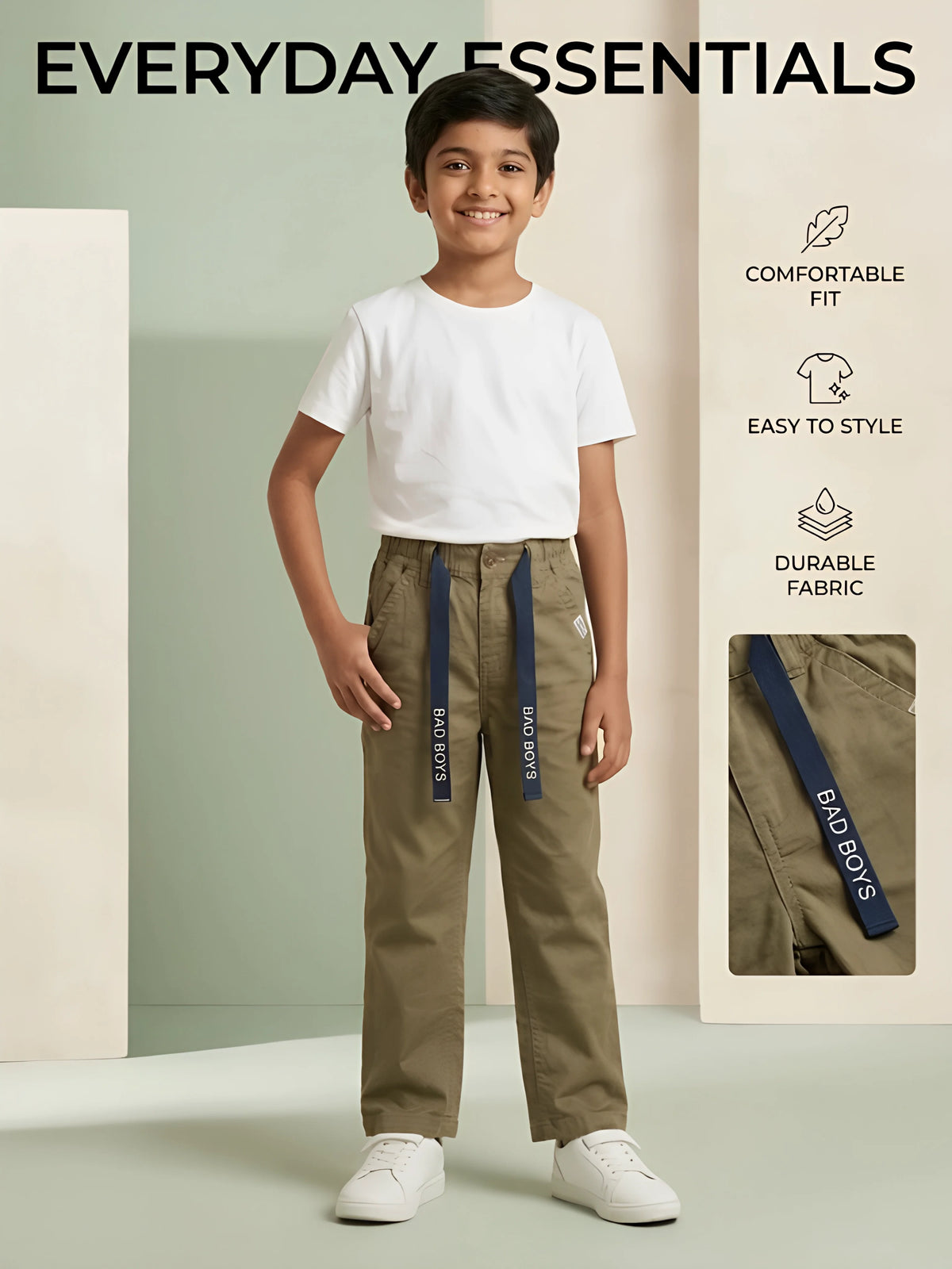 Boys Olive Green Casual Pants with Drawstring Detail