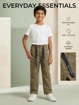 Boys Olive Green Casual Pants with Drawstring Detail