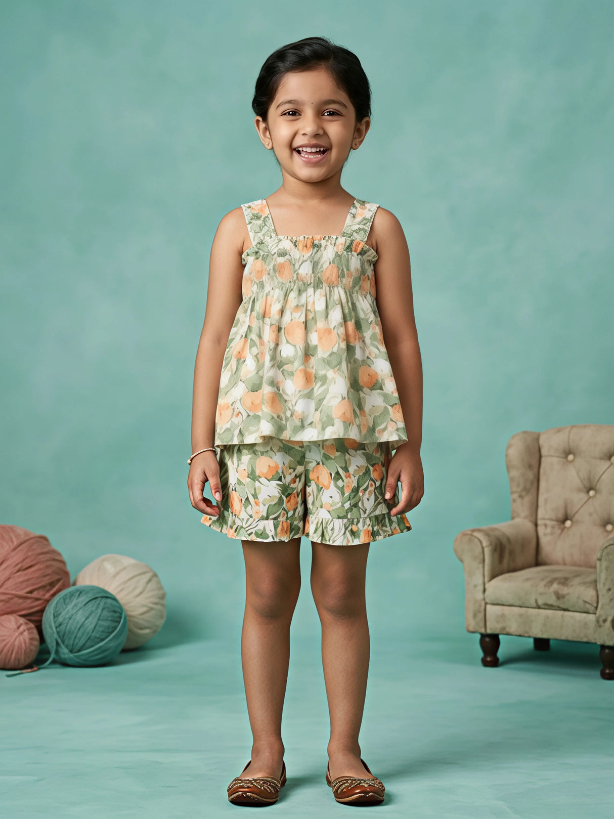 Girls Green Floral Summer Short Set