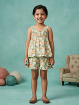 Girls Green Floral Summer Short Set