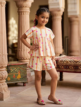 Girls Cream Floral Striped Top & Shorts Set