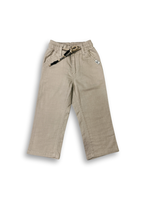 Boys' cream or pale khaki casual trousers with a comfortable elastic waistband, straight leg, and a thick, multicolored contrast rope drawstring.