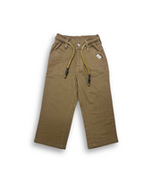 Boys' dark khaki or olive green casual trousers with a comfortable elastic waistband, straight leg, and a thick, multicolored contrast rope drawstring.

Export to Sheets
