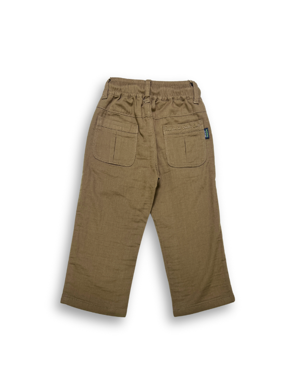 Boys' dark khaki or olive green casual trousers with a comfortable elastic waistband, straight leg, and a thick, multicolored contrast rope drawstring.

Export to Sheets