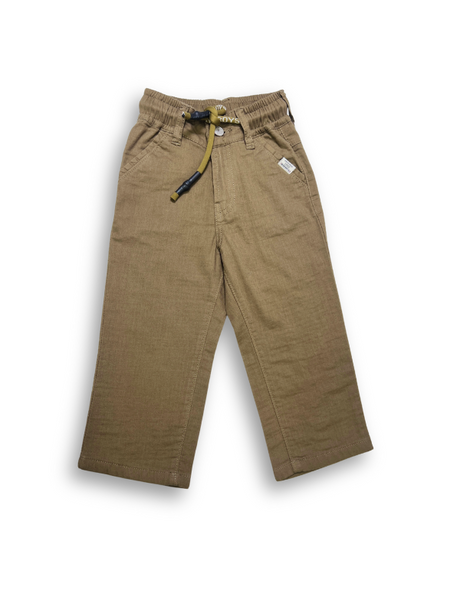 Boys' dark khaki or olive green casual trousers with a comfortable elastic waistband, straight leg, and a thick, multicolored contrast rope drawstring.

Export to Sheets