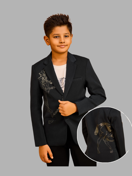 Black or deep gray boys' two-button blazer with a notch lapel, featuring a subtle gold/white sketched print of a horse and chain on the front and back