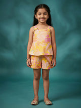 Girls Vibrant Yellow Floral Print Strappy Top and Shorts Set