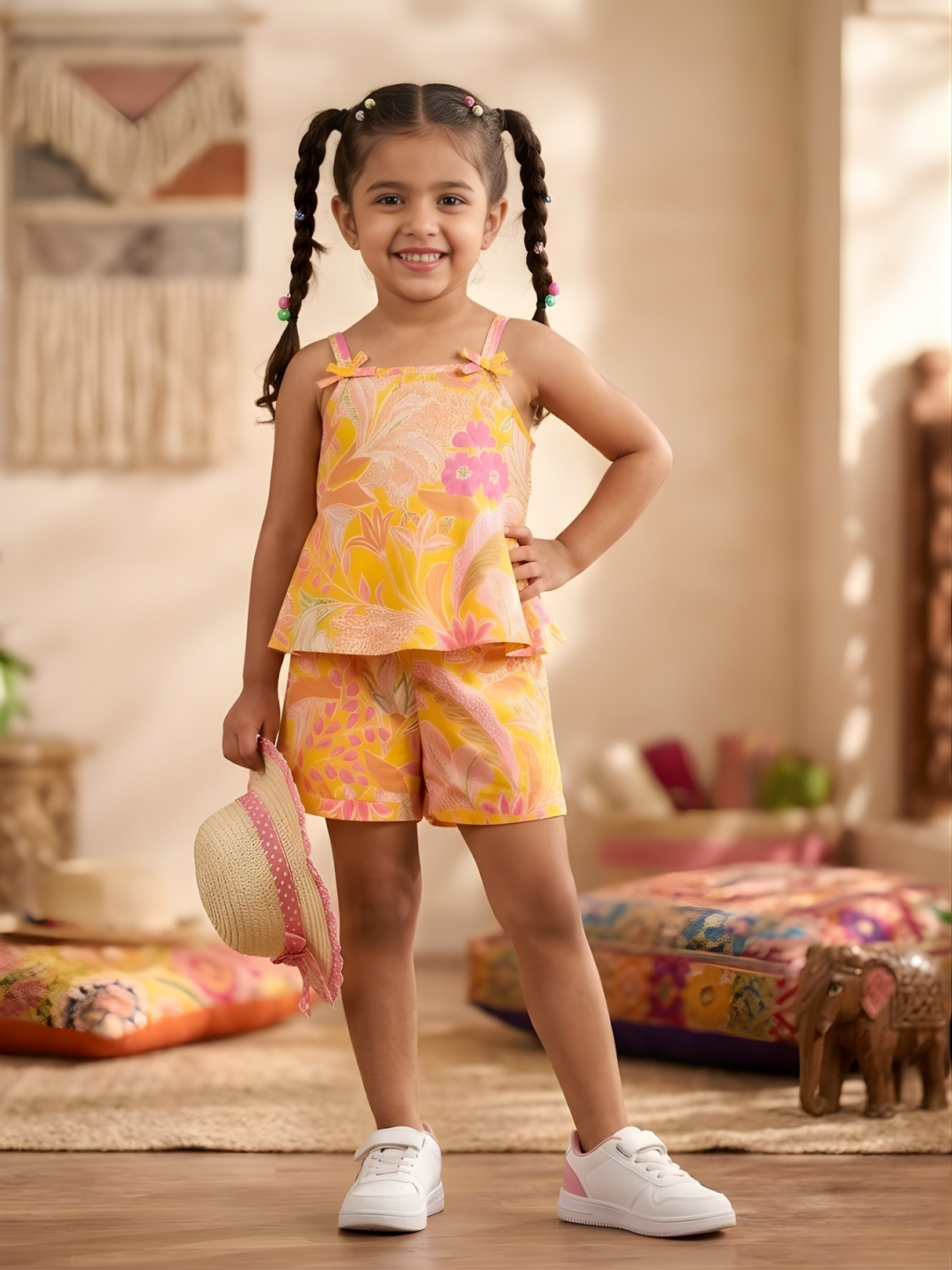 Young girl smiling in a yellow and pink tropical floral print shorts and top set, holding a straw hat.