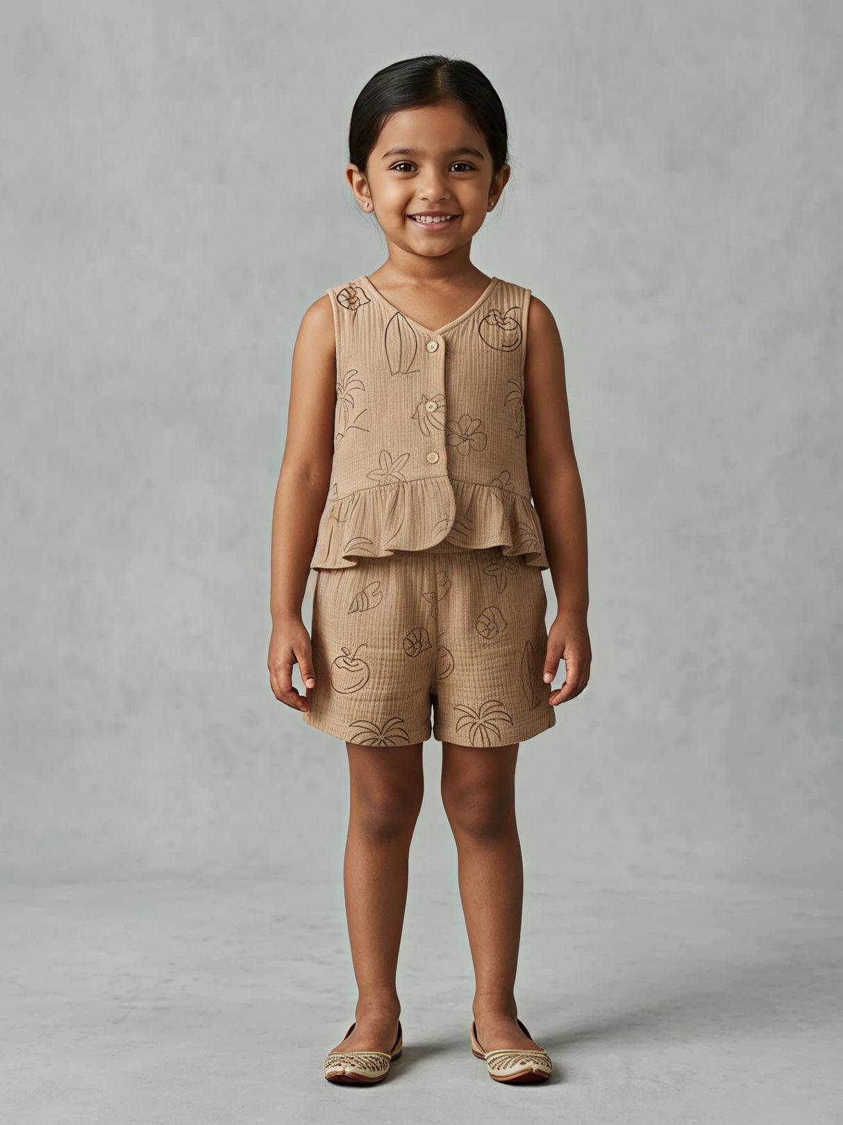 Girls Premium Brown Cotton Muslin Printed Peplum Top and Shorts Set