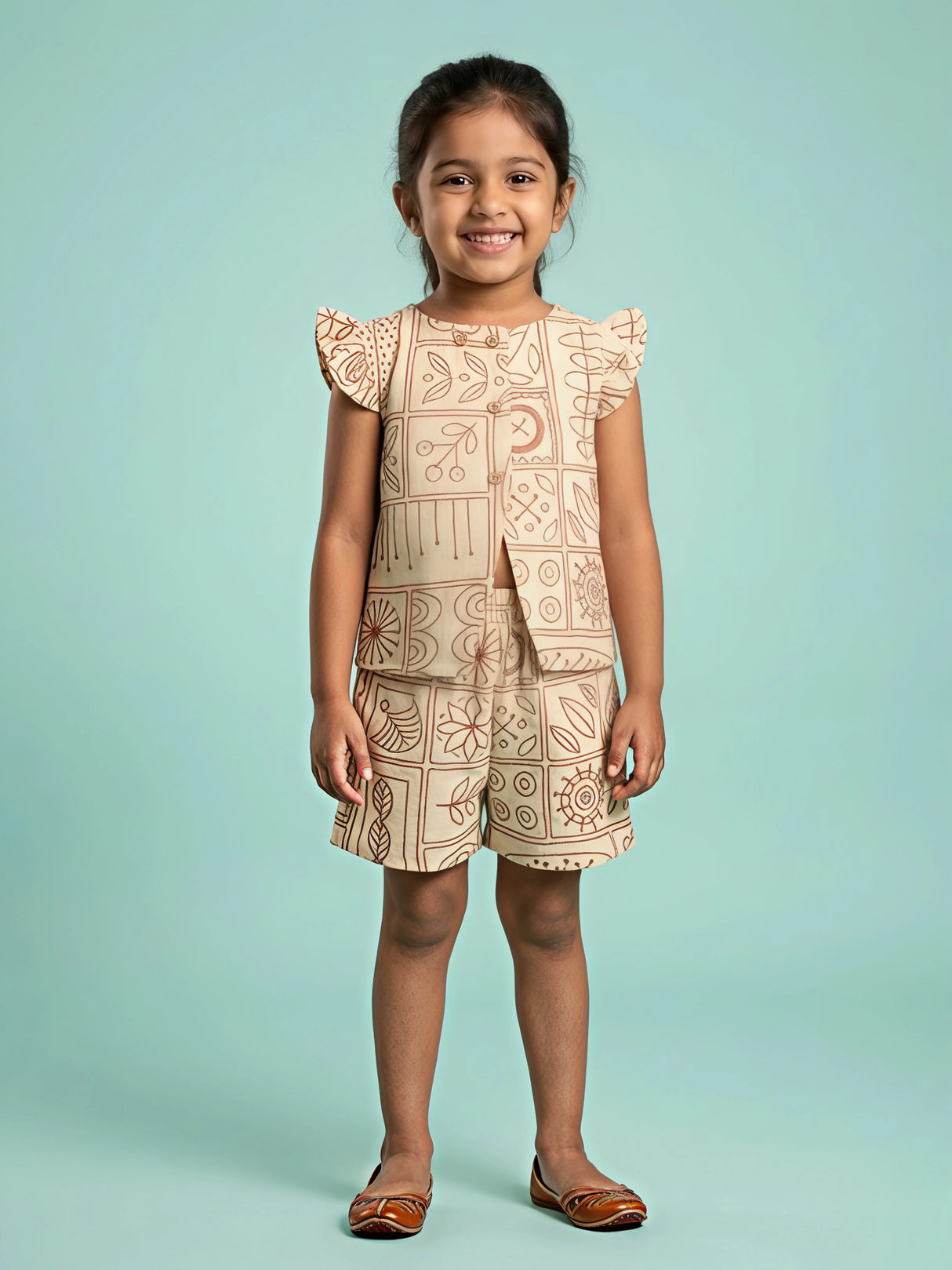 Girls Cream Block Print Shorts Set