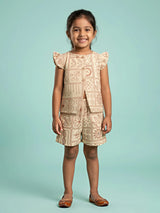 Girls Cream Block Print Shorts Set