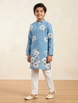 Light blue floral print kurta pajama set for boys.