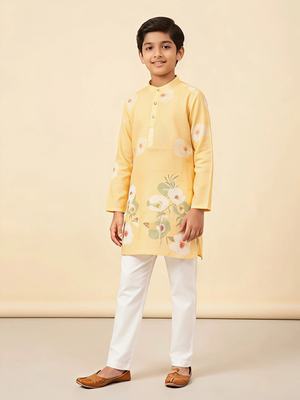 Yellow floral print kurta pajama set for boys