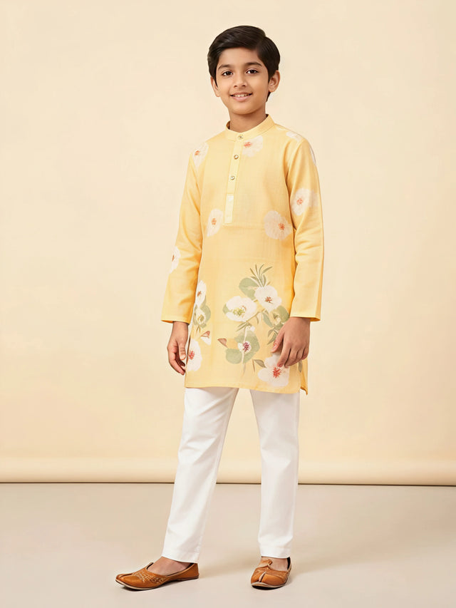 Yellow floral print kurta pajama set for boys