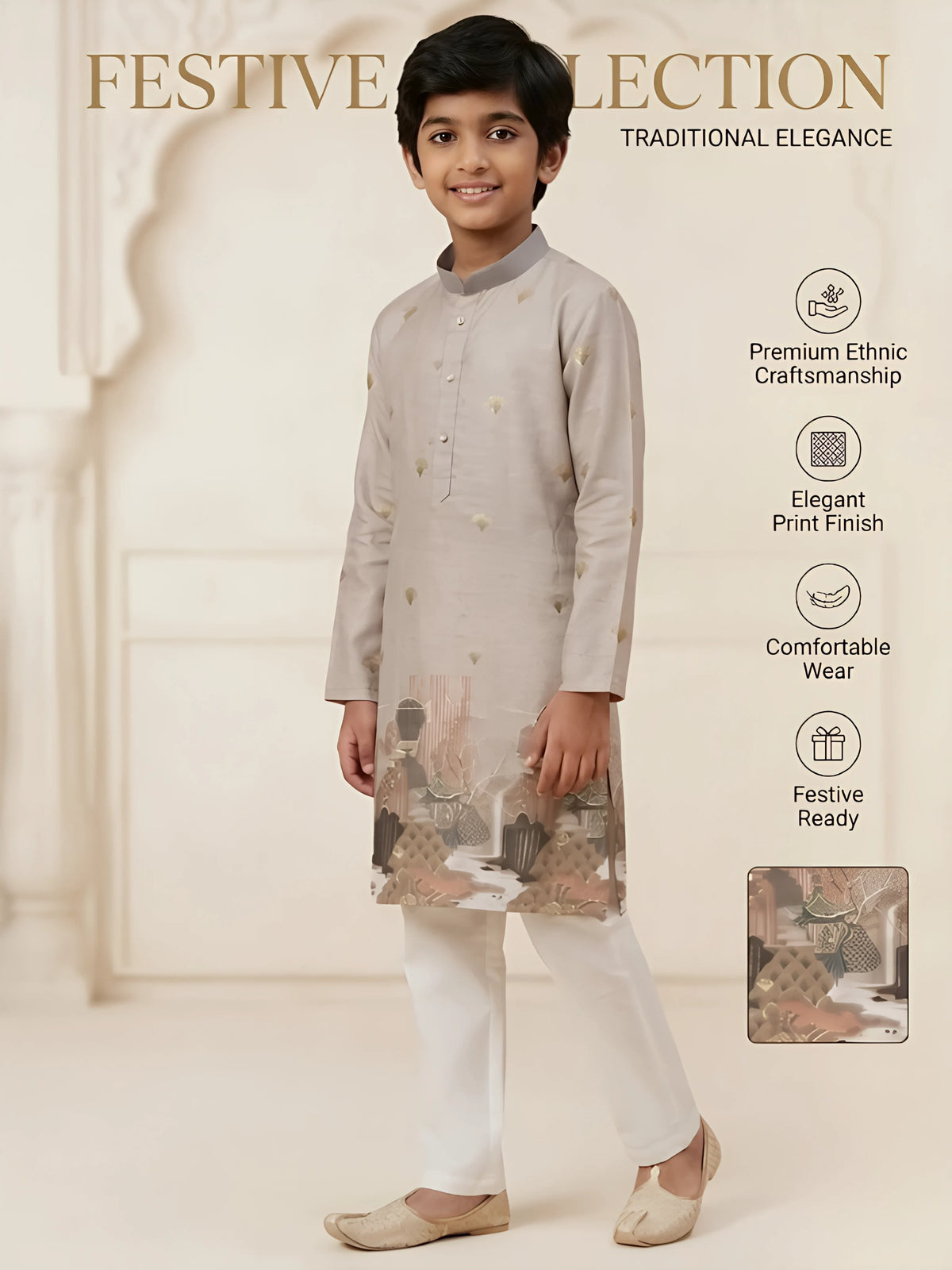Grey Foil Print Kurta Pajama Set for Boys