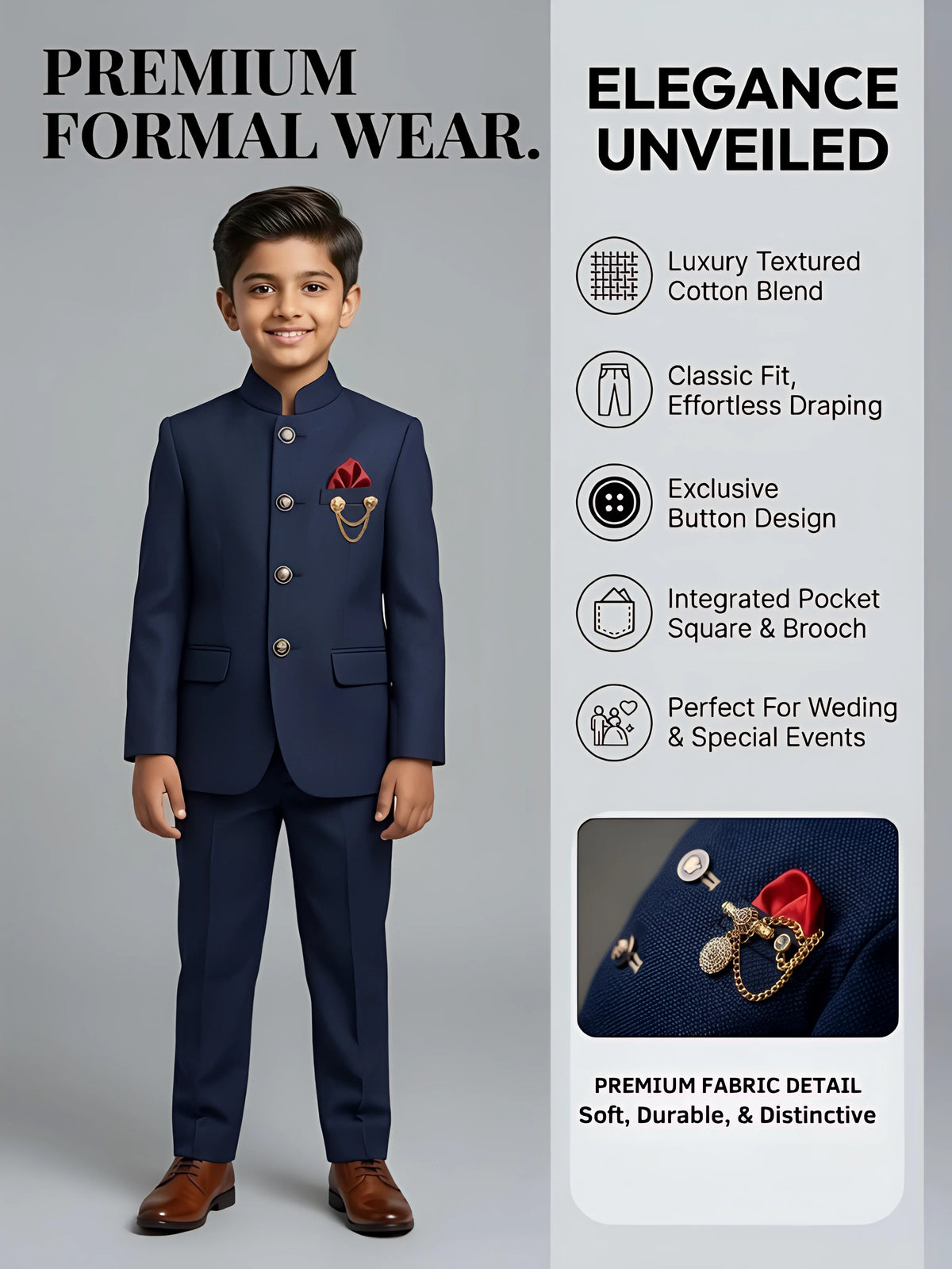 Boys Navy Blue Jodhpuri Suit - Elegant Ethnic Bandhgala Set
