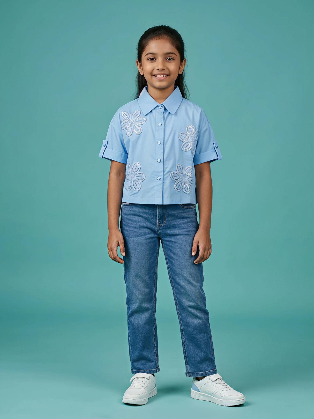Girls Light Blue Floral Embroidered Casual Shirt