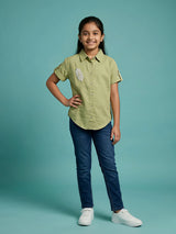 Girls Sage Green Embroidered Cotton Shirt