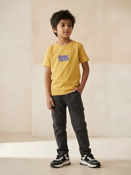 Yellow graphic printed short sleeve round neck t-shirt for boys.